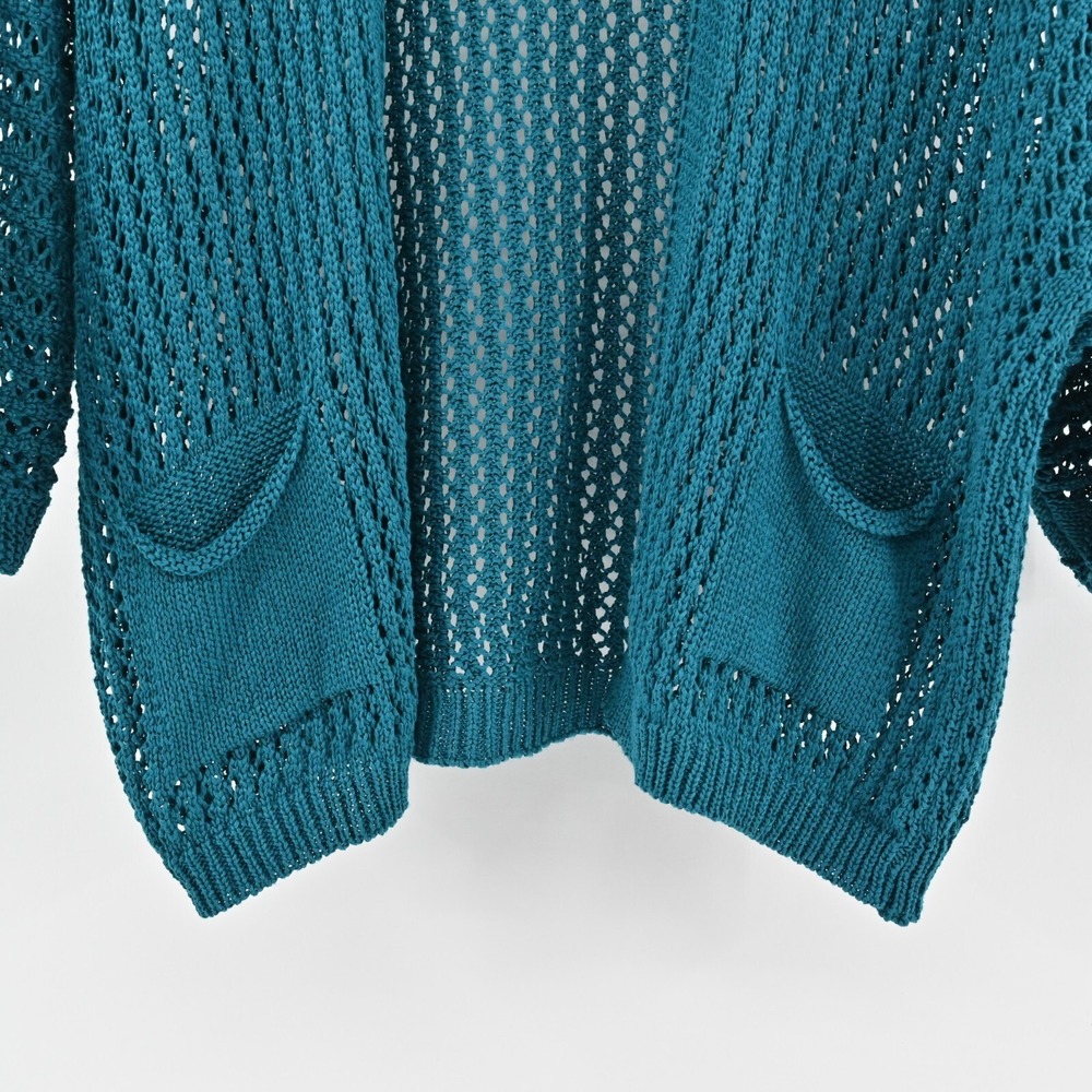 BRAND BAZAR Cardigan Sweater Womens Sz L Crochet Blue Open Knit Quarter Sleeve - Picture 8 of 10